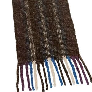 Wool Scarf Black White Blue W/ Fringe 72"x7.5" Made In Donegal By Loominescence